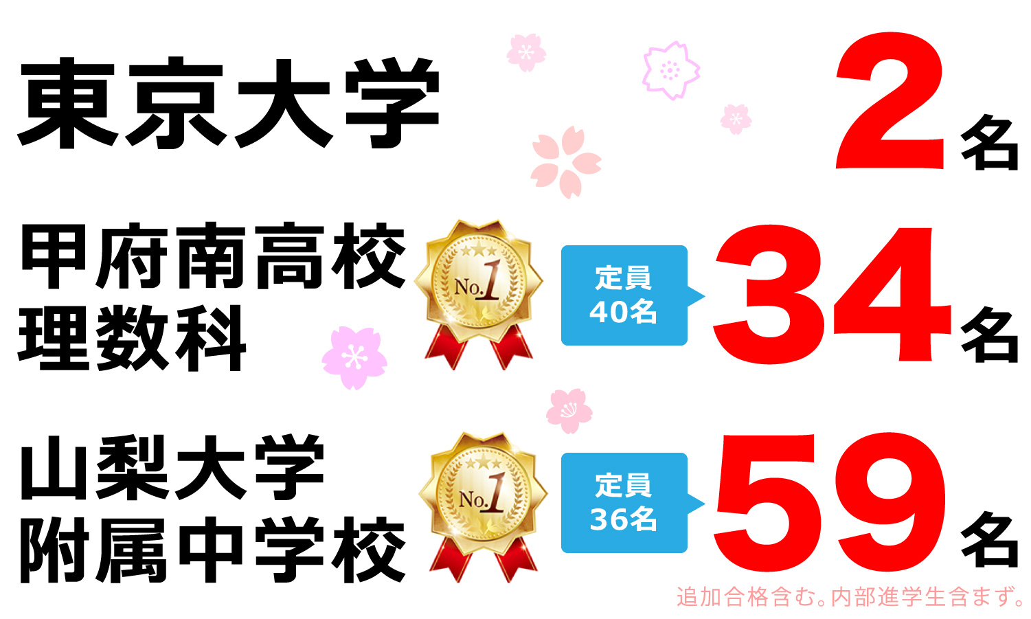 東京大学 2名　甲府南高校理数科　定員40名　34名　山梨大学附属中学校　定員36名　59名　追加合格含む。内部進学生含まず。