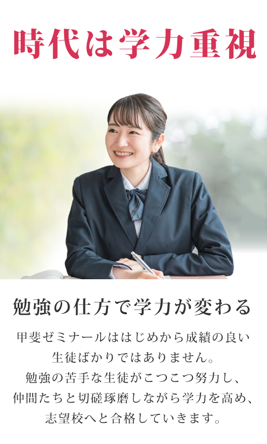 塾は内容、実績、評判　生徒一人ひとりに寄り添い、志望校合格へ導く　努力は報われる甲斐ゼミナールははじめから成績の良い生徒ばかりではありません。勉強の苦手な生徒がこつこつ努力し、仲間たちと切磋琢磨しながら学力を高め、志望校へと合格していきます。甲斐ゼミナールの合格実績は生徒の地道な努力と親身の指導の証です。