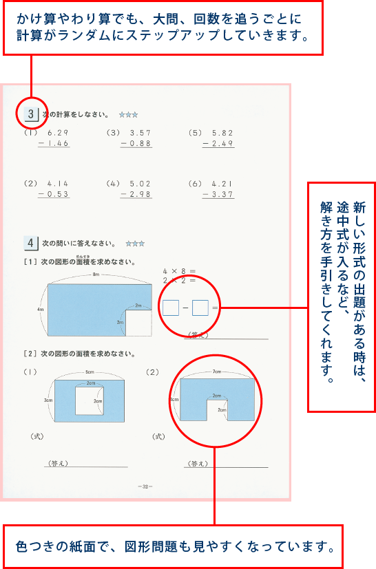 かけ算やわり算でも、大問、回数を追うごとに計算がランダムにステップアップしていきます。新しい形式の出題があるときは、途中式が入るなど、解き方を手引きしてくれます。